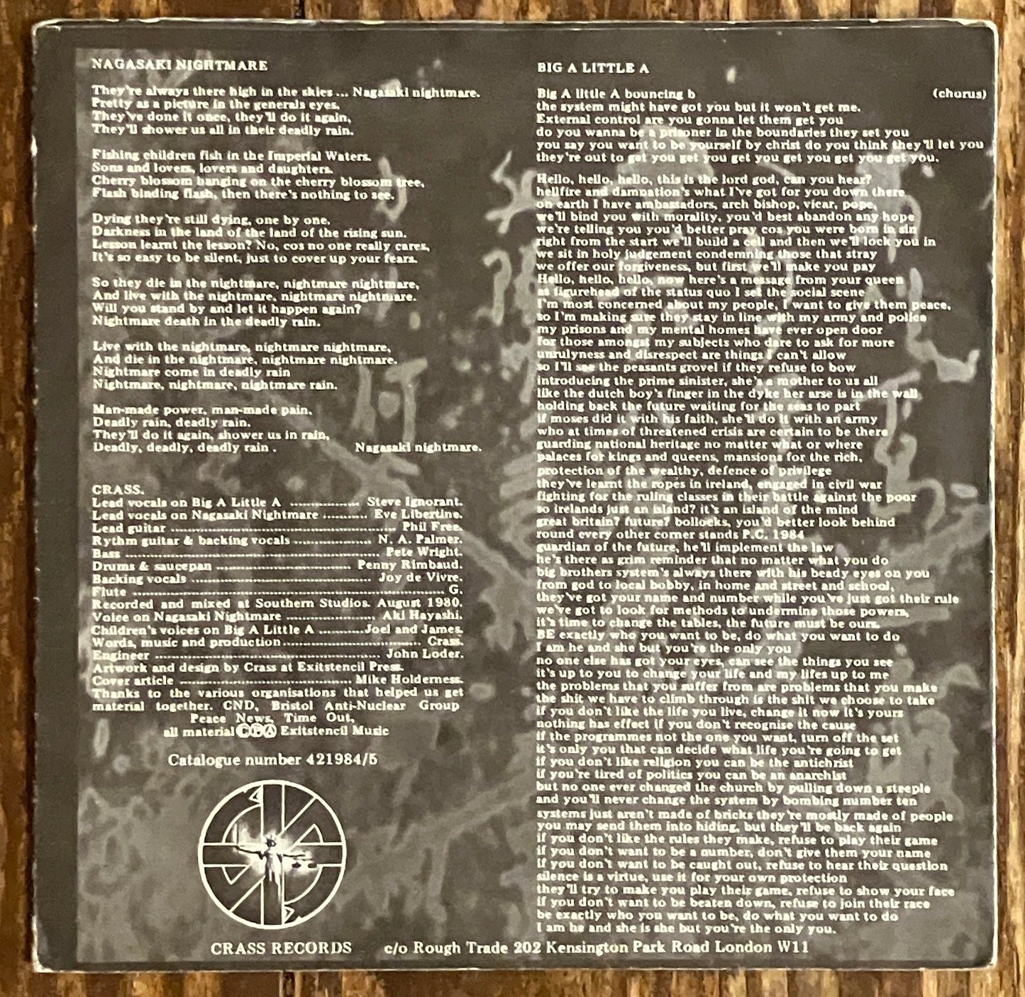 CRASS "Nagasaki Nightmare" b/w "Big A Little A"